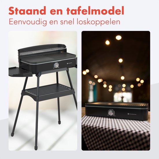 KitchenBrothers Elektrische BBQ - Staand en Tafelmodel Barbecue - Tafelbarbecue - Anti-aanbaklaag - 24x50cm Grilloppervlak - 2200W - Zwart