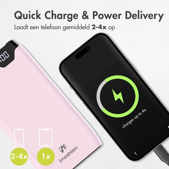 imoshion Powerbank 20000 mAh - Snellader 22.5W - LED indicator - USB C & USB A - Geschikt voor o.a. iPhone en Samsung - Universeel - Lichtroze
