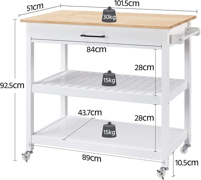 Yaheetech Keukenwagen 101,5 x 51 x 92,5 cm - 2 Niveaus - Lade - 4 Wielen - Wit/Naturel