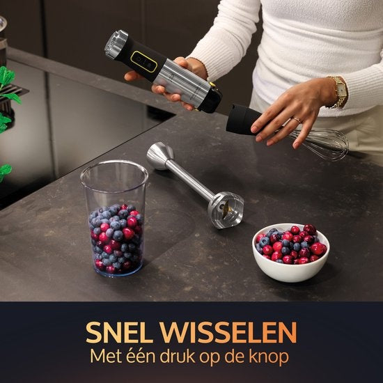 JAP Appliances ForceBlend F3 - 7in1 Staafmixer set (1500W) - Inclusief foodprocessor, maatbeker, spiraalsnijder, garde en klopper - Voor soep, vlees, smoothies en baby hapjes - Zwart/RVS
