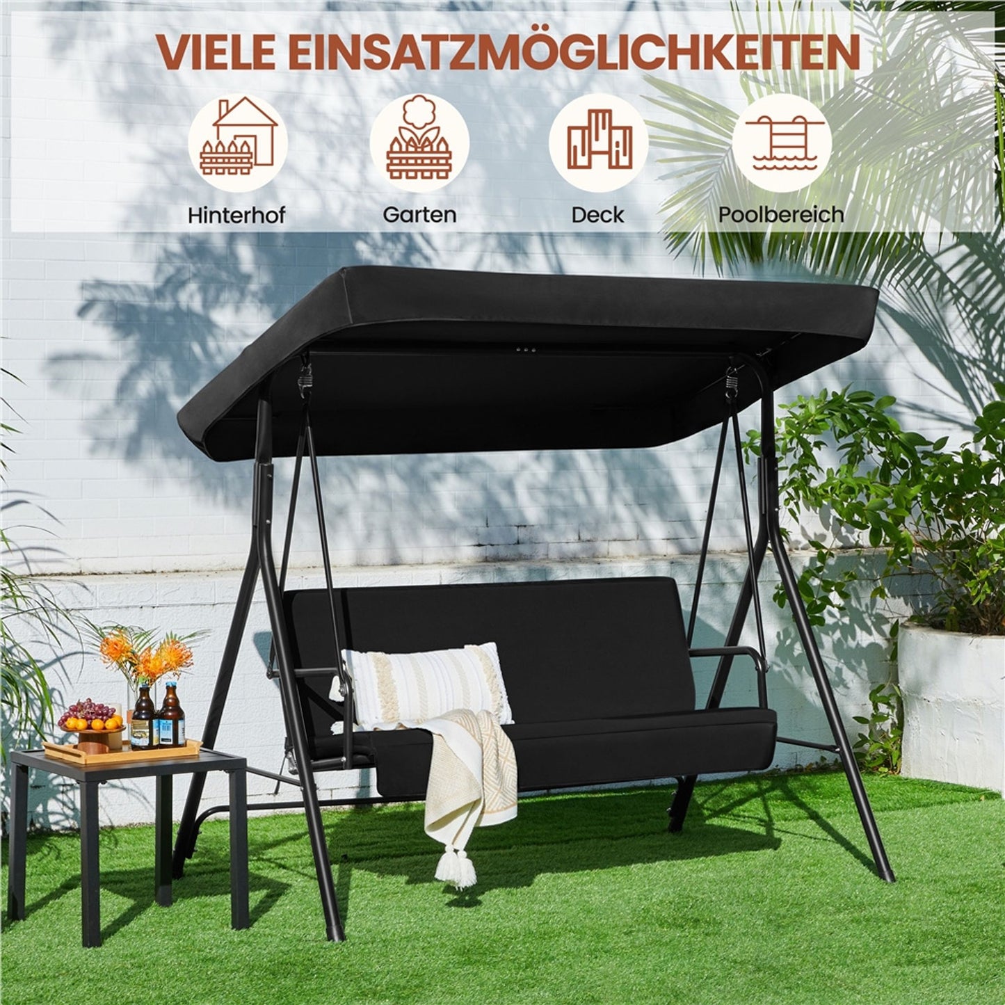 Yaheetech 3-zits Hollywoodschommel met Verstelbaar Zonnescherm - 170 x 112,5 x 162,5 cm - Zwart