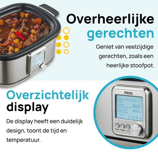 MOA Multicooker - Slowcooker - 8 Kookfuncties - 6 Liter - 1250W - Rijstkoker - Stoomkoker - Sous Vide koker - Yoghurtmaker - RVS - MC01S