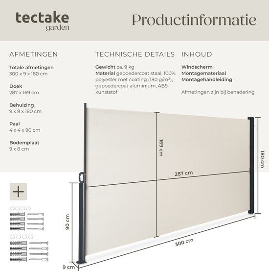 tectake® Uitschuifbaar Windscherm met Oprolmechanisme - 300 x 180 cm - Zijluifel met Aluminium Frame- Zonnescherm - Tuinscherm - Beige Balkonscherm - Ondoorzichtbaar Privacyscherm - Markiesdoek