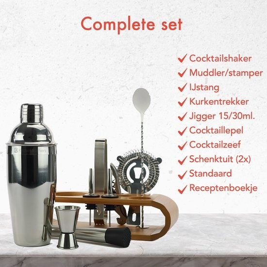 KitchenBrothers Cocktail Set met Cocktailshaker - 11 Delig - Complete Set - Cadeauverpakking - Natuurlijkhout