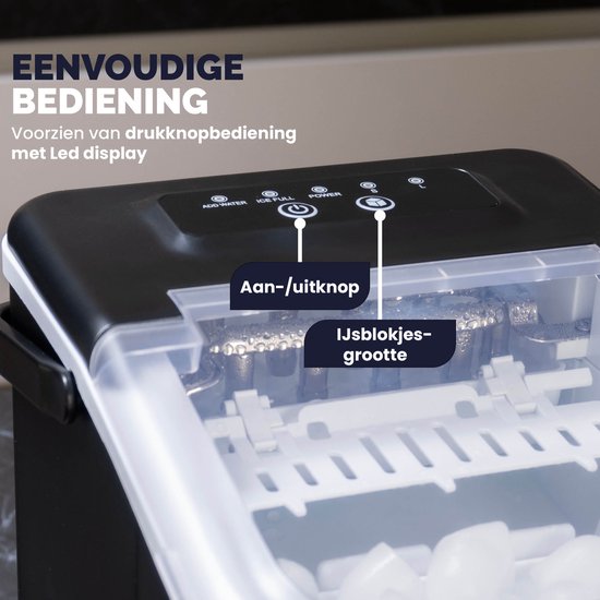 BREND BR-2213 IJsblokjesmachine met Schep en Lekbak - Grote L of Kleine S Ijsklontjes - Draagbare IJsblokjesmaker – 10 kg in 24 uur - Zwart