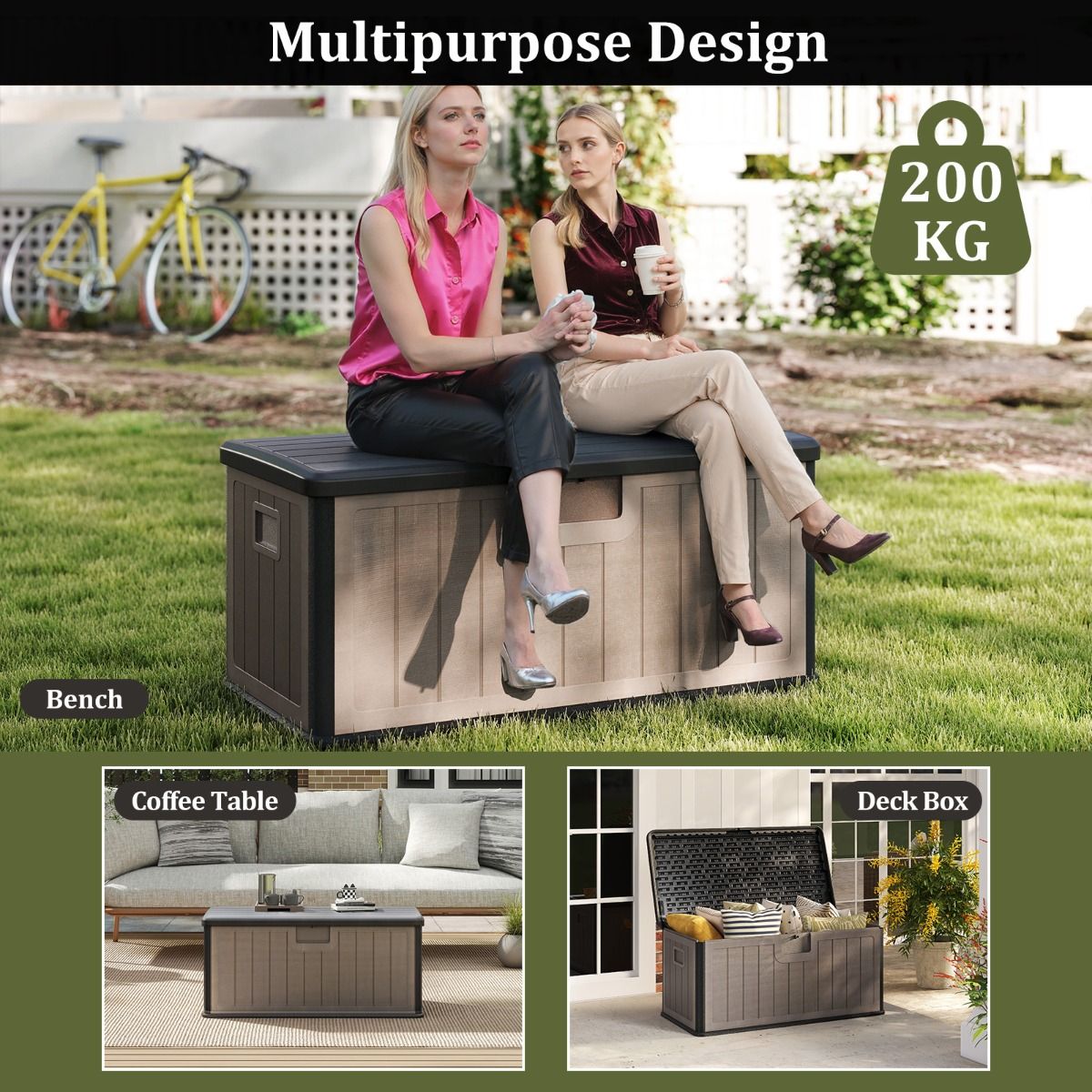 Coast Tuinbox - Kussenbox 378 liter - Waterdicht - Met afsluitbaar deksel - Zwart en bruin
