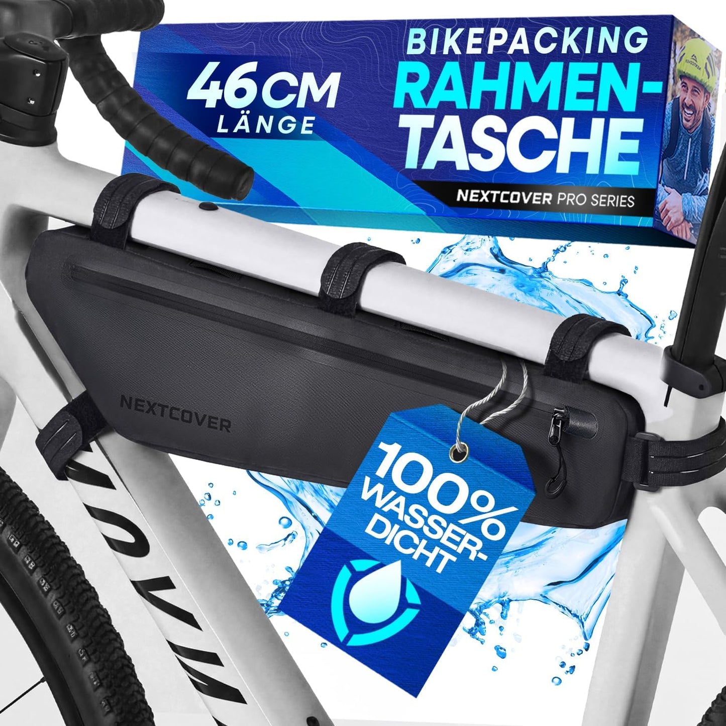 Nextcover® Bikepacking Frame Bag - 46 cm - 100% waterdicht - Down Tube Bag Fiets - Voor gravelfiets, racefiets, MTB