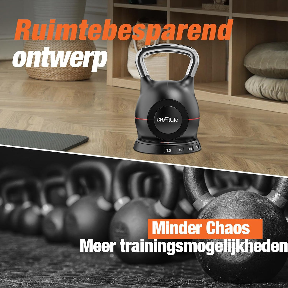 DH FitLife Verstelbare Kettlebell 7-in-1 - 1,5 tot 10 kg - 7 Gewichtsstanden - 20 x 20 x 30 cm - Zwart