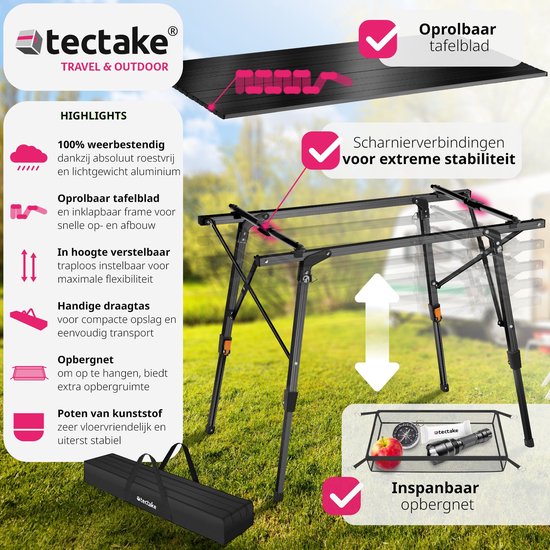 tectake®- Aluminium campingtafel kampeertafel - opvouwbaar - in hoogte verstelbaar - LxBxH: ca. 90x52x47cm - zwart - 404983
