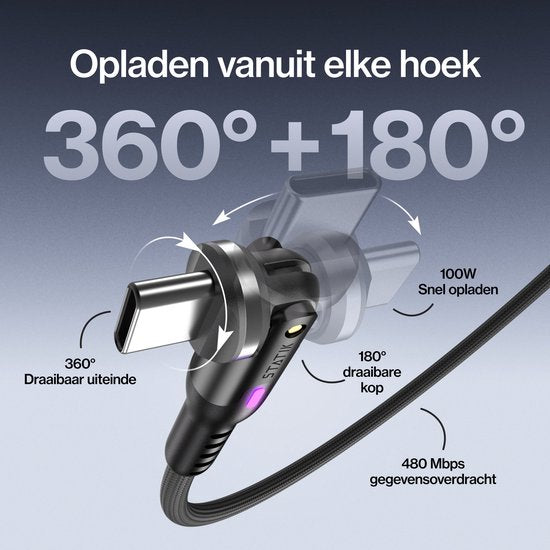 Statik PowerPivot Pro 360 - USB-C/USB-A naar USB-C- 1m - 100W - 480 Mbps Gegevensoverdracht - Nylon Gevlochten - Zwart