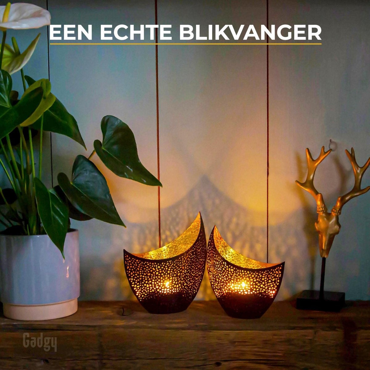 Gadgy Waxinelichthouder Oosters – Set van 2 - 16 en 14.5cm - Theelichthouders - Zwart /Goud - Metaal