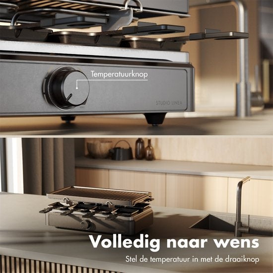 Studio Linea SLGRILL30BK Gourmetstel - 8 Personen - 1400 Watt - Gourmetpannetjes en Gourmetplaat met Antiaanbaklaag - Raclette