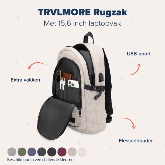 TRVLMORE Rugtas - 25L - 15,6 Inch - Laptop Rugzak met USB - Schooltas - Heren en Dames - Tas Champagne