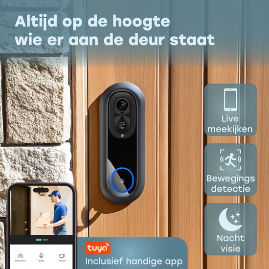 Audyn Video Deurbel met Camera - Draadloze - Slimme Deurbel - WiFi - 1080P - Geen Abonnement - Incl. Draadloze Gong