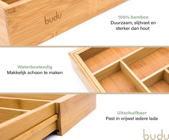 Budu Uitschuifbare Bamboe Bestekbak #50 (50 cm diep) - Bestekcassette Hout - Besteklade - 50 x 34,1 - 56 cm - 6/8 vakken