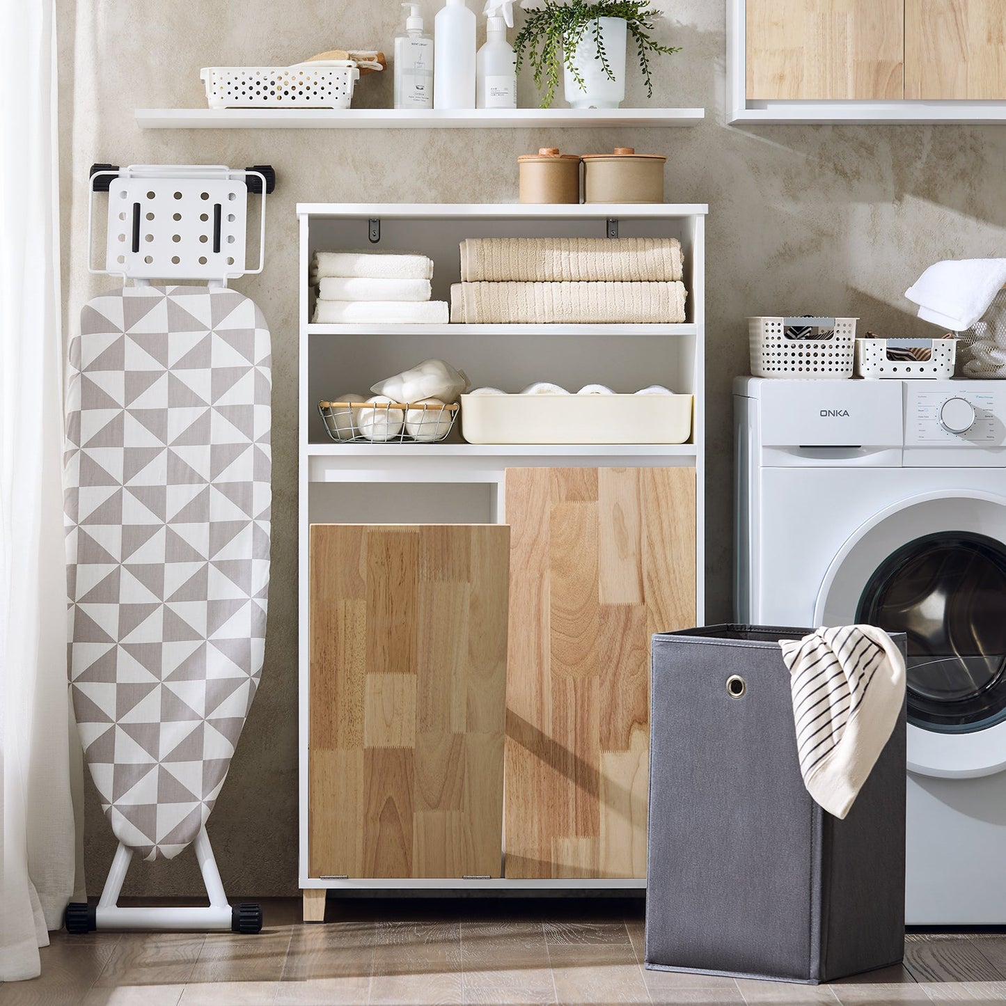 SoBuy BZR143-WN Badkamermeubel met Afneembare Wasbak, 3 Vakopslag en Wasmand – Wit, 64x33x110 cm