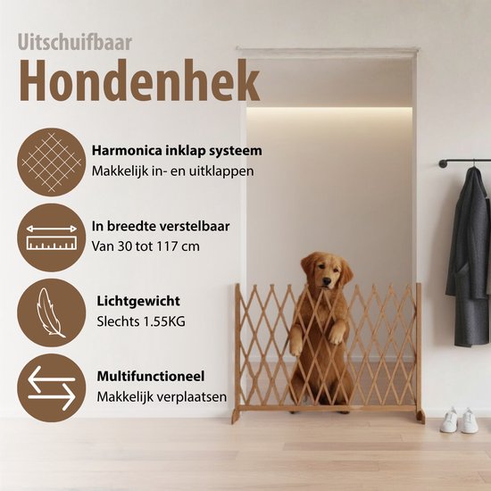 maxxpro Uitschuifbaar Hondenhek - Veiligheidshekje Uittrekbaar tot 117cm - voor Trap of Deuropening - Traphekje zonder Boren - Hondenrek Binnen en Buiten - Hout