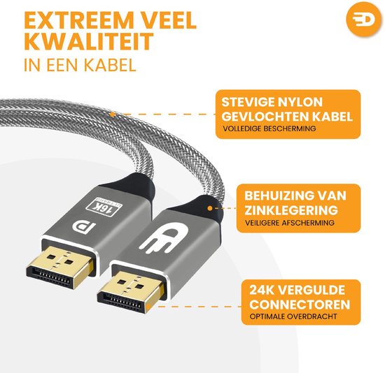 Drivv. DisplayPort Kabel 2.1 - 16K 60Hz - 8K 120Hz - 4K 144Hz - 80Gbps - DisplayPort naar DisplayPort - DP Kabel - 2 meter - Grijs