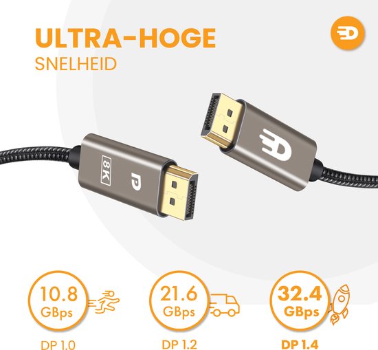 Drivv. Displayport Kabel - 8K 60Hz - 4K 144 Hz - 32.4GBps - Displayport 1.4 - DP Kabel - 2 meter - Modern Grey