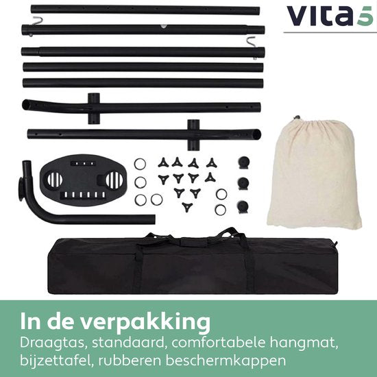 Vita5 Hangmat met Standaard – 2 Persoons – Incl. Bekerhouder – 205kg Draaggewicht – Beige/Wit