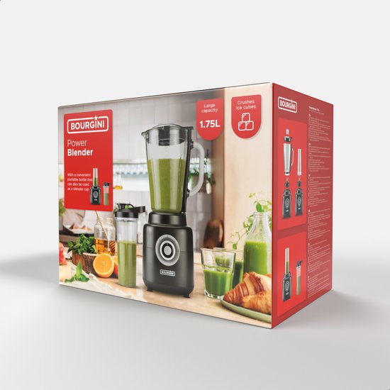 Bourgini PowerBlender - 1.75L - Blender to go met 700ml beker - Blender smoothie en ijscrusher - 1000 Watt - Zwart