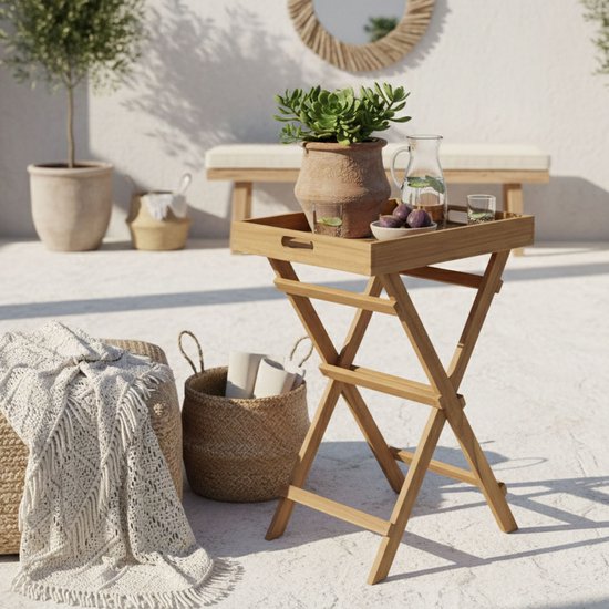 AXI Inda Teak Bijzettafel Opklapbaar – Met Afneembaar Dienblad – 39 x 29 x 50 cm – Teakhout – Lichtgewicht – Inklapbaar – Voor Tuin, Terras en Balkon