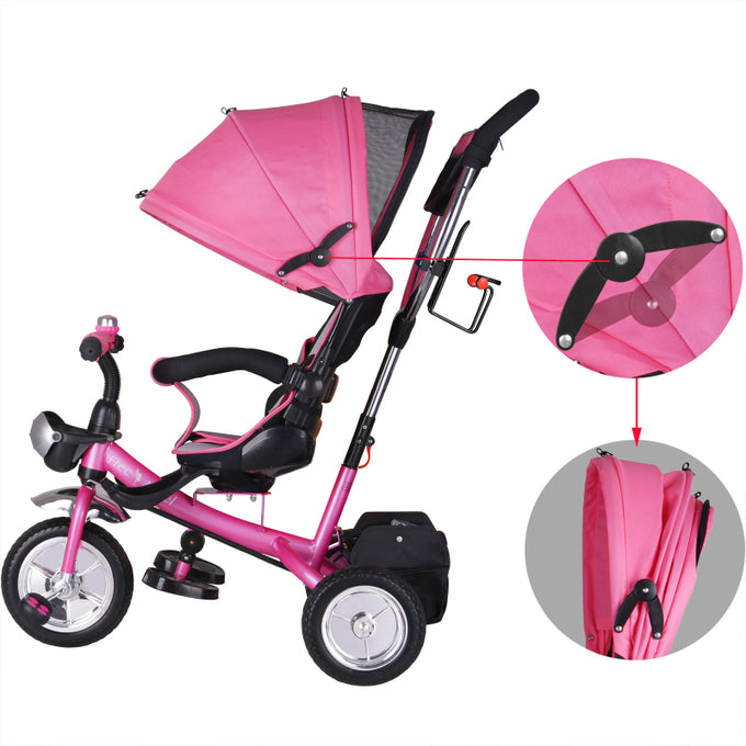 Kinderfiets/driewieler - Roze - Duwstang - klapdak - opklapbare voetsteun - incl. mandje