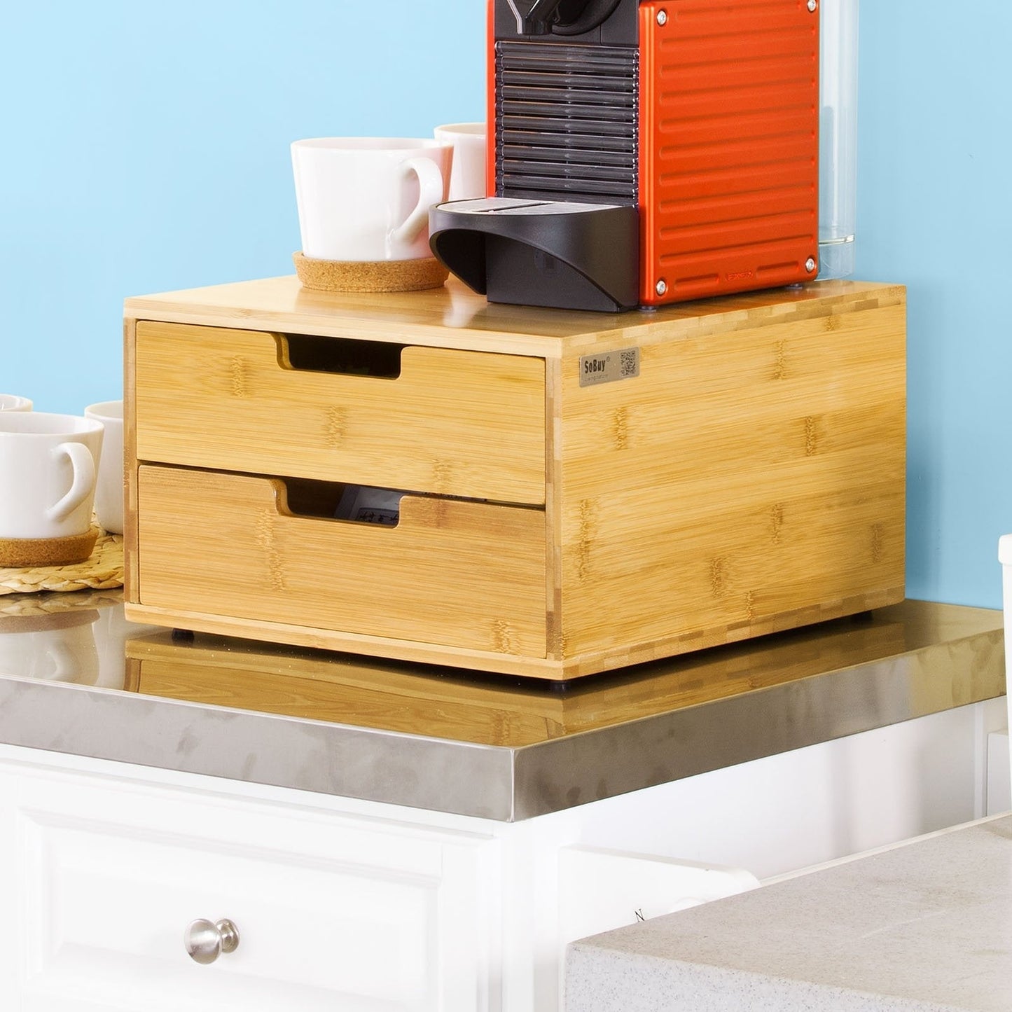 SoBuy Capsulehouder met 2 Lades - Bamboe - 30 x 18 x 31 cm