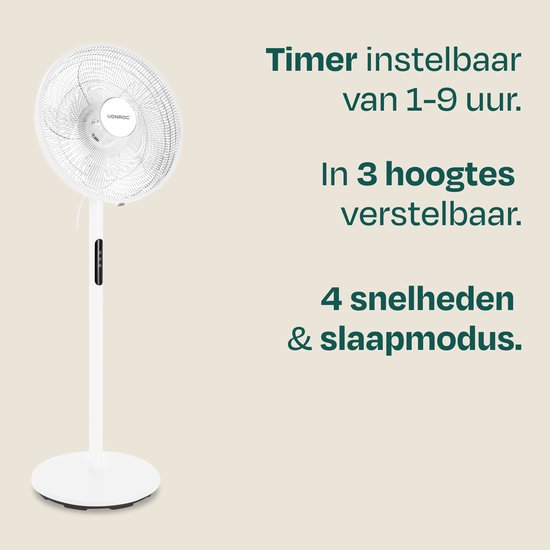 VONROC Vloerventilator - Ø 45,5cm - 4 snelheden & slaapmodus – timer - verstelbaar in 3 hoogtes - incl. afstandsbediening - wit