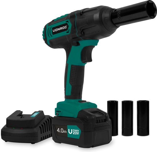 VONROC Accu slagmoersleutel 20V – 4 standen: 100/200/300/400Nm - Incl. 4 moerdoppen – geschikt voor het verwisselen van wielbouten en -moeren - Incl. 4.0Ah Accu en snellader