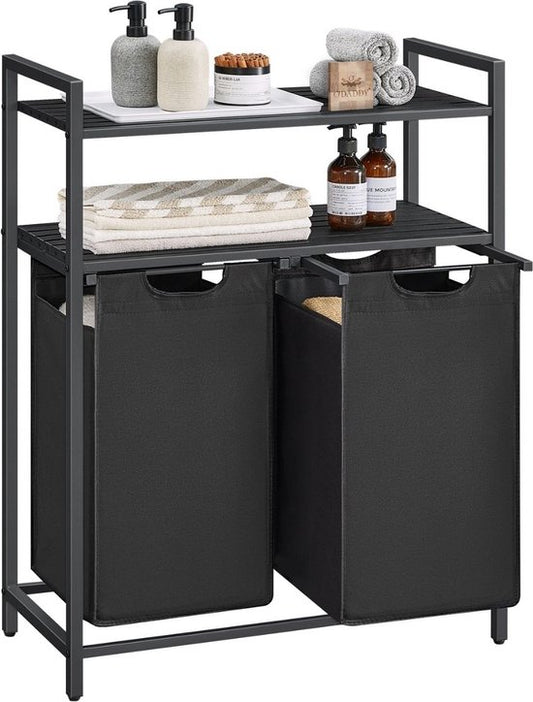 O'DADDY® Wasmand met 2 Vakken & 2 Planken - 76 Liter - Wassorteerder Uitschuifbaar - Was Organizer - Laundry Basket - Wasbox - Wasmanden - Dubbele Wasmand - Zwart/Bruin