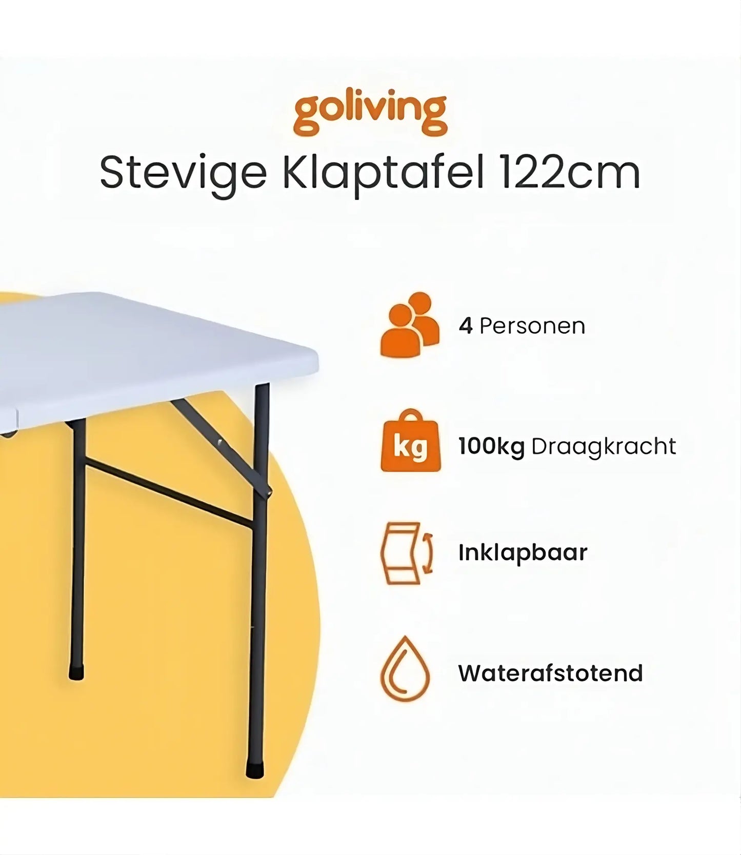 Goliving Klaptafel – Inklapbaar & Weerbestendig – max. 100 kg – 122 x 60 x 74 cm – Wit