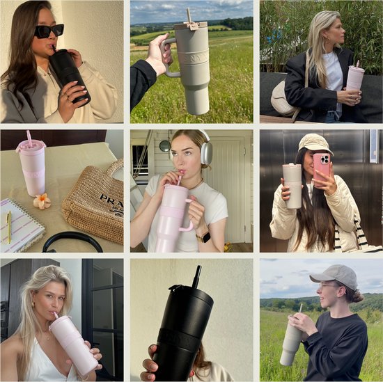 ONYX Drinkfles met Rietje 700ML - Waterfles voor Kinderen & Volwassenen - Thermosbeker Travel Mug - Motiverende Drinkbus - Drinkbeker voor School - Beige
