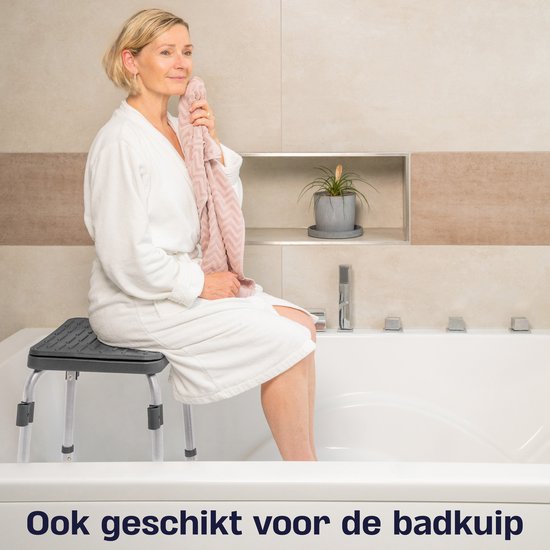 Sanicraft® Douchestoel - Douchekruk met Armleuning & Douchekophouder - Stoel & Kruk in 1 - Verstelbare Hoogte - Anti-Slip Poten - Zilver