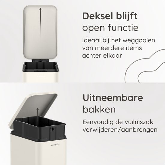 Deleca Prullenbak Prestige - 50 Liter - Smal - RVS Vuilnisbak / Afvalemmer / Pedaalemmer - Met Voetpedaal en Slow Close - Crème wit