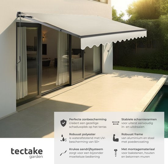 tectake® Zonnescherm met Knikarm - 300 x 250 cm - Zonneluifel - Zonwering voor Raam, Balkon, Buiten - Te Monteren aan Muur - Water- en UV-Bestendig - Beige