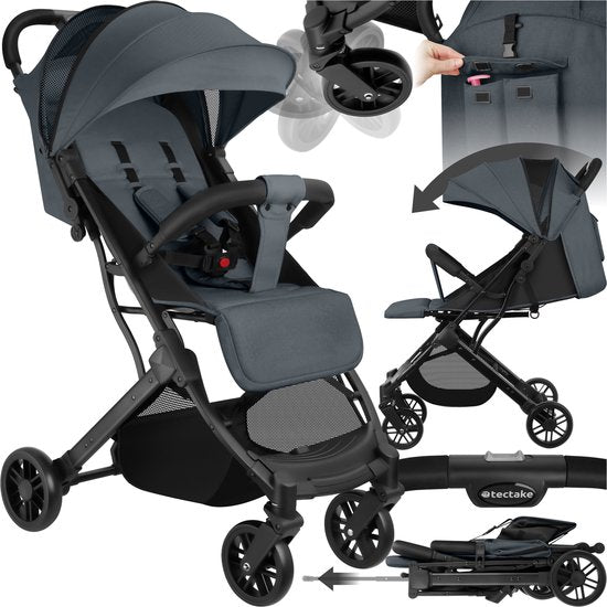 tectake® Buggy Kinderwagen Finn - Lichtgewicht plooibuggy - Inklapbaar en met opvouwbare kap - Zonwerend - Draagkracht 15kg - Antraciet