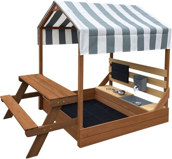 AXI Bo Zandbak & Speelhuisje 159 x 105 cm met Speelkeuken en Picknicktafel Bruin – FSC hout – Met Krijtbord en 6-delig Zandbak Accessoireset – Inclusief afdekzeil en gronddoek – 10 jaar garantie
