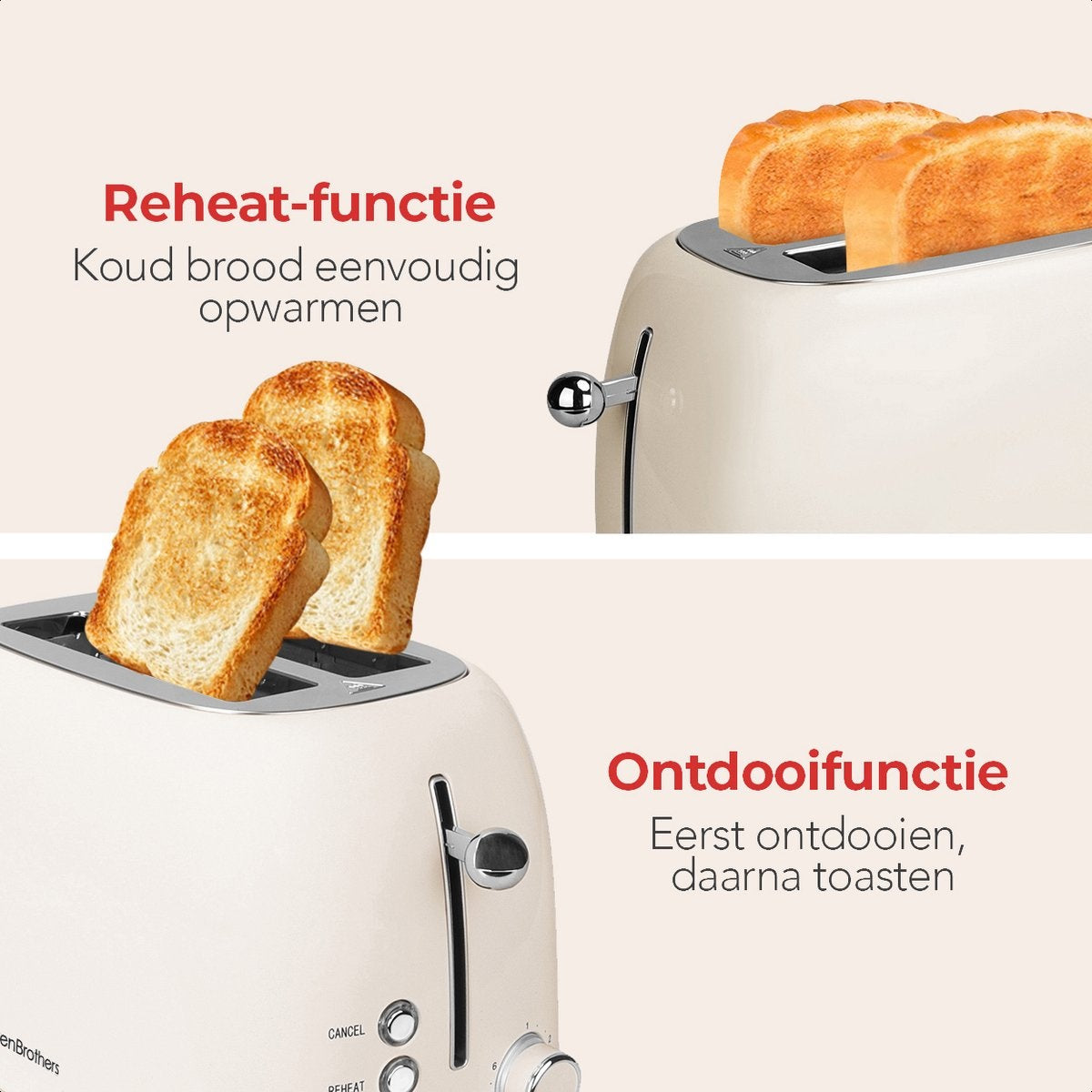 KitchenBrothers Retro Broodrooster - Toaster - 6 Warmteniveaus - 2 Extra Brede Sleuven - 815W - Beige