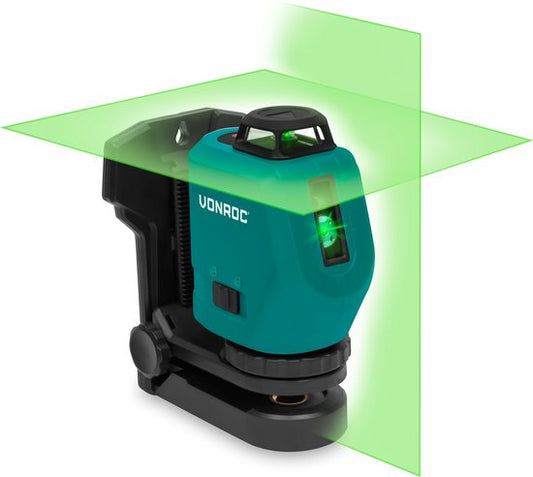 VONROC Kruislijnlaser - 360° - groen - 4V accu - 2600mah - zelfnivellerend - ±40 meter bereik - goede zichtbaarheid bij fel licht - Incl. bevestigingsbeugel, USB-C kabel & opbergtas