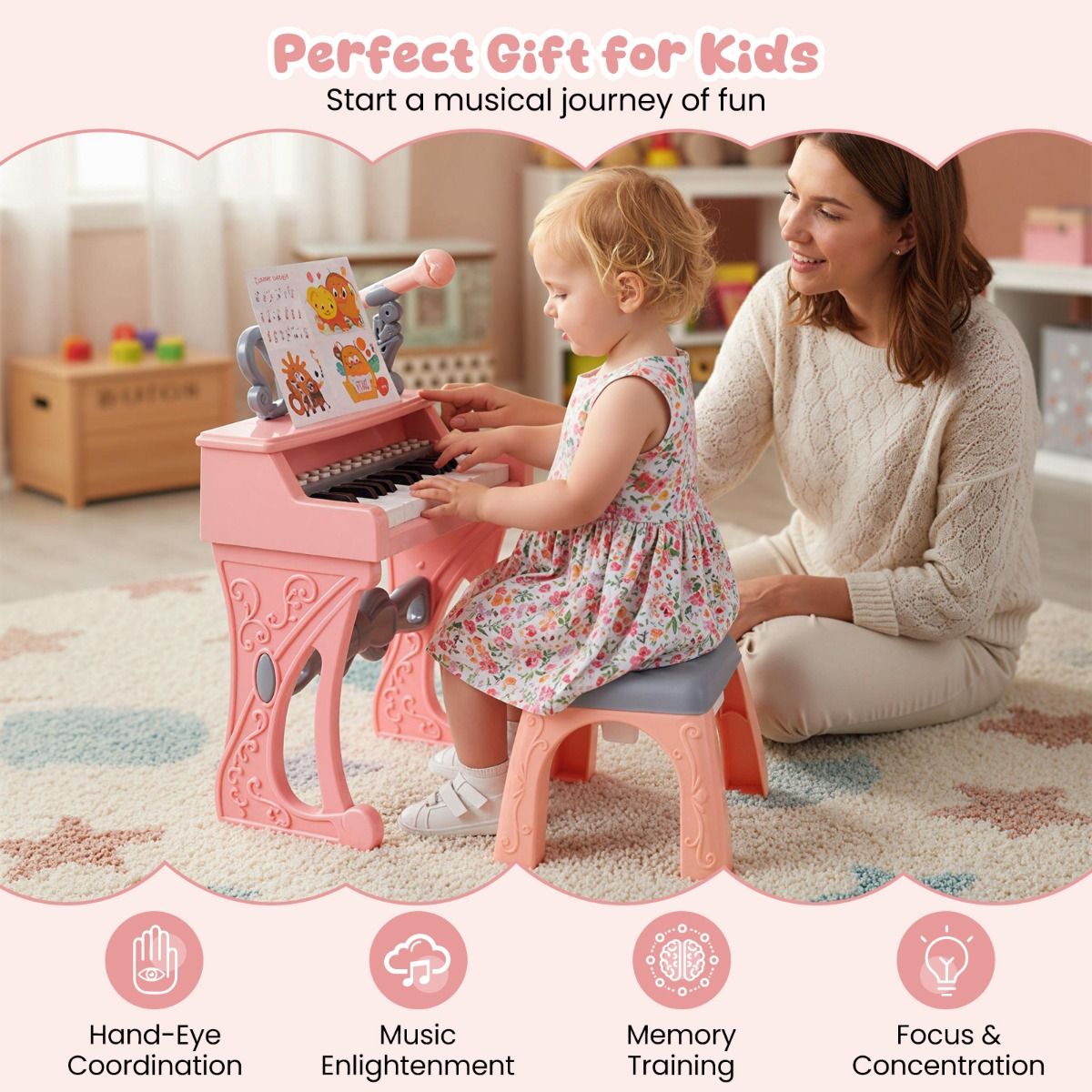 Coast Kinderkeyboardpiano - 25 toetsen - met krukje, muziekstandaard en microfoon - roze en grijs
