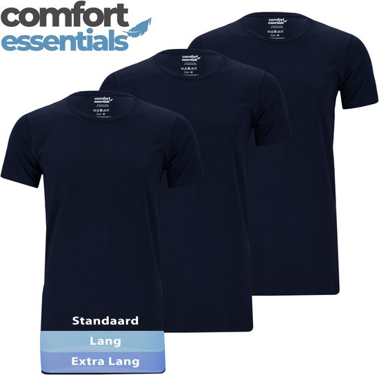 Comfort Essentials - T Shirts Heren - Extra Lang - Navy - Maat L - 3 Pack - Ronde Hals - Ondershirt Heren