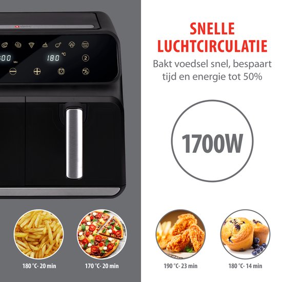 alpina Dubbele Airfryer XL 8L - Heteluchtfriteuse voor 4 tot 8 Personen - Inhoud 2x4L - Digitaal Display - Air Fryer 1700 W - Sync Finish Functie - Zwart