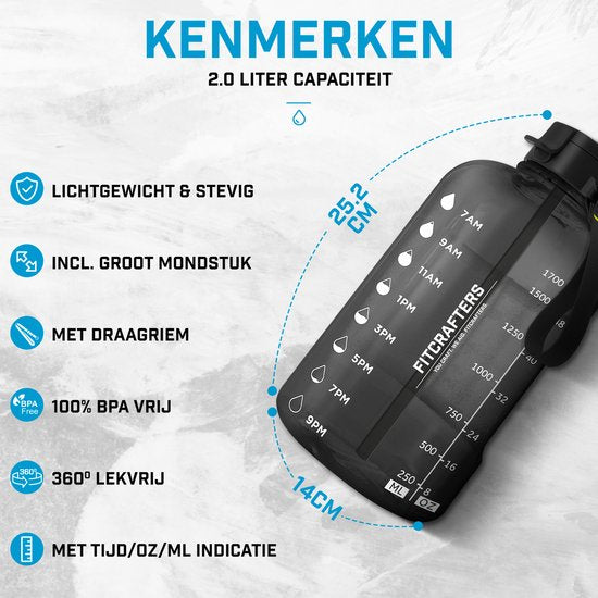 Fitcrafters Waterfles met Tijdmarkeringen - Motiverende Drinkfles - 2L - BPA vrij - Zwart