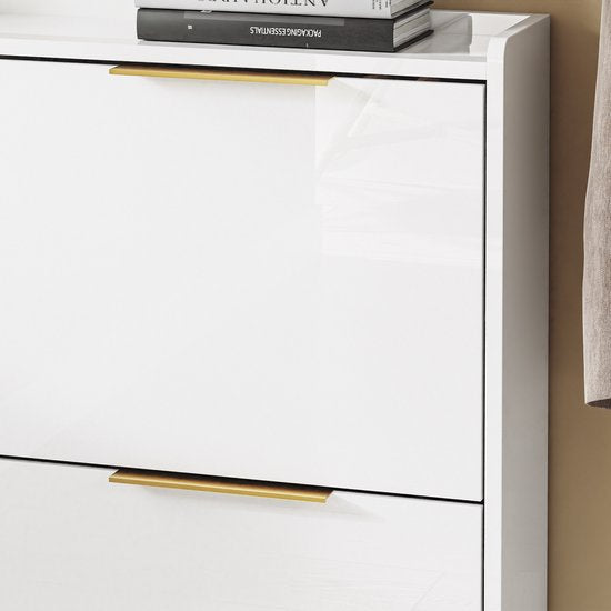 SoBuy FSR206-GW Schoenenkast Ingang – Ultradun 19 cm – Hoogglans Wit en Goud – Voor Hal, Gang, Kleine Ruimte, Met Kantelbeveiliging en Vloerbescherming – 100x19x88.5 cm