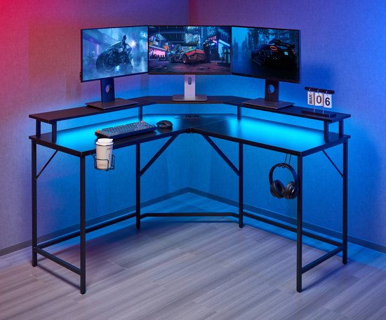Hoekbureau - game bureau - L vormig bureau - USB en USB C poort en stroomsnoer aansluiting in bureaublad - LED verlichting - 130 x 130 x 50 cm bureaublad