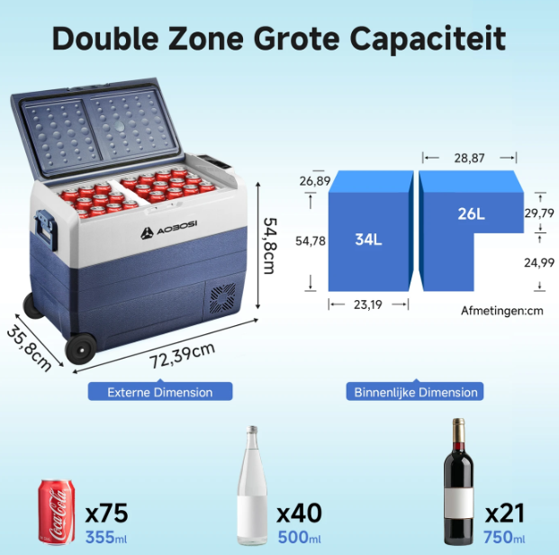 AAOBOSI 60L Compressor Koelbox Dual Zone - App-bediening - 12/24V & 230V - Zwart