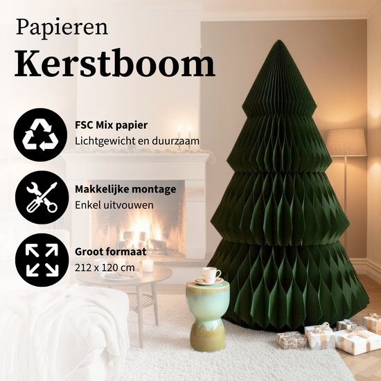 Mica Decorations Papieren Kerstboom - Opvouwbare Kunstkerstboom - H212 x Ø120 cm - Kerst Decoratie - FSC Mix - Groen