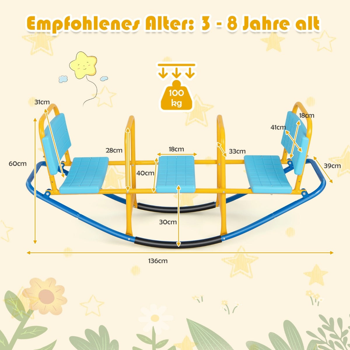 Coast 3 zittende schommelende wijk Garden Rocker met handgrepen Kinderen wip tot 100 kg veerkrachtig blauw