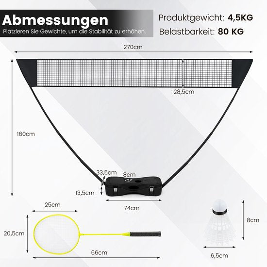 Coast Badmintonset – Incl. Net, Rackets & Shuttlecocks – 270 x 33.5 x 160 cm – Zwart